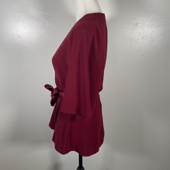 Trina Turk Wrap Top Womens Size 4 Maroon Tie Waist Long Sleeve V Neck Back Zip - Picture 6 of 15